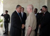 Costa Rica’s President Luis Guillermo Solís and U.S. Navy Adm. Kurt Tidd, commander of U.S. Southern Command, greet each other prior to the opening ceremony for the Central American Security Conference April 7 in San Jose. Photo by Jose Ruiz, SOUTHCOM