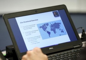 A slide on the Zika cases distribution around the world is pictured during an information session for Members States at the World Health Organization Executive Board meeting in Geneva, Switzerland, January 28, 2016. REUTERS/Denis Balibouse