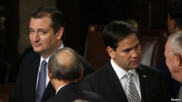 FILE - Republican Senators Ted Cruz and Marco Rubio are seen in the House of Representatives Chamber of the US Capitol after Pope Francis' address Sept. 24, 2015. (Reuters OMX)